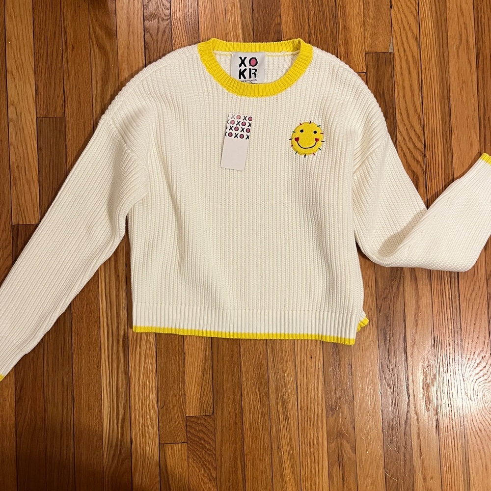 Kerri Rosenthal Anthropology Pullover White Sweater Stitch Smiley Sun Medium